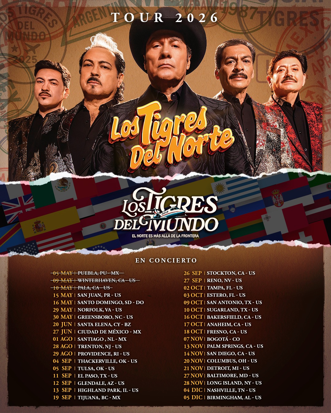 Los Tigres del Norte Los Tigres Del Mundo Tour Poster 2026
